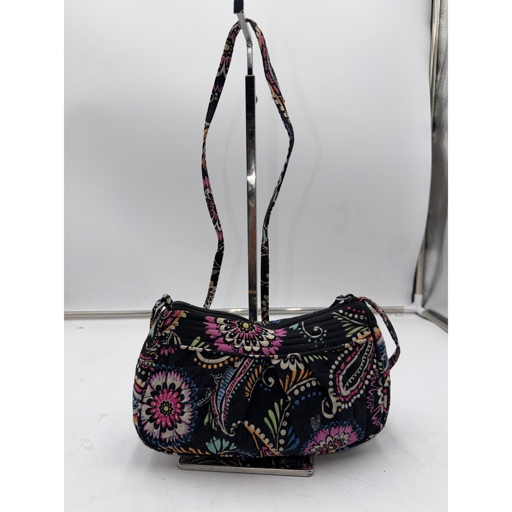 Vera Bradley Quilted Paisley Floral Shoulder Bag Black Multicolor Baguette